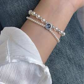 施家S925纯银天然海蓝宝珍珠双层手链女ins个性小众轻奢气质手饰