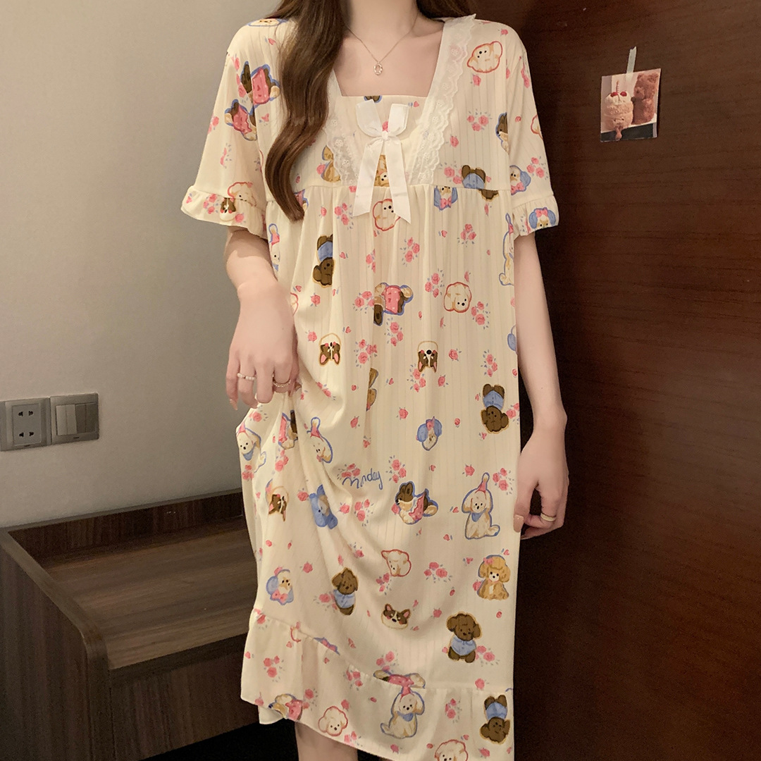 Comercio exterior transfronterizo pijama de mujer de verano de mangas cortas de seda de leche encaje lindo dibujos animados pijama de estudiantes ropa delgada