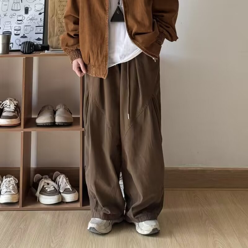 Spring and Autumn Japanese Style Brown Casual Pants for Men and Women College Style Workwear Wide Leg Pants All-match Pleated Straight Loose Long Pants