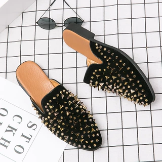 跨境大码2025夏季时尚重工铆钉水钻潮牌夜店尖头半拖LeMens shoes