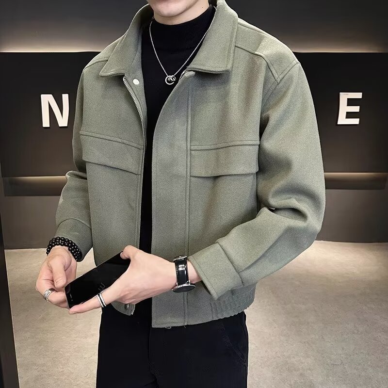 Woolen Jacket Men's Coat Autumn and Winter 2023 New High-end Feeling Fool Handsome Casual Top Short Woolen Top