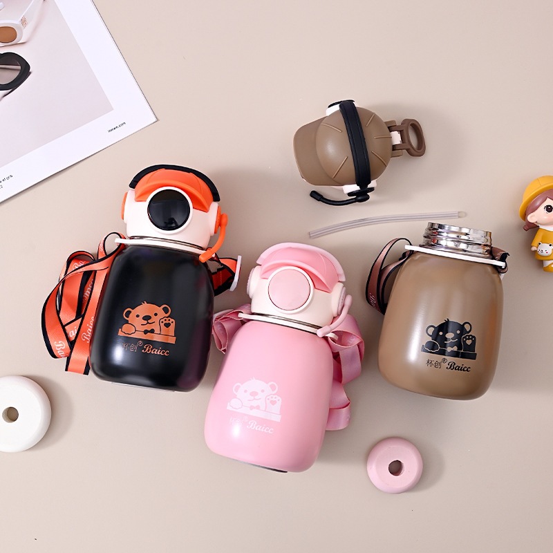 lindas tazas de niños ins niñas de alto valor facial tazas de estómago grandes auriculares oso portátil tazas de alumno de paja de acero inoxidable