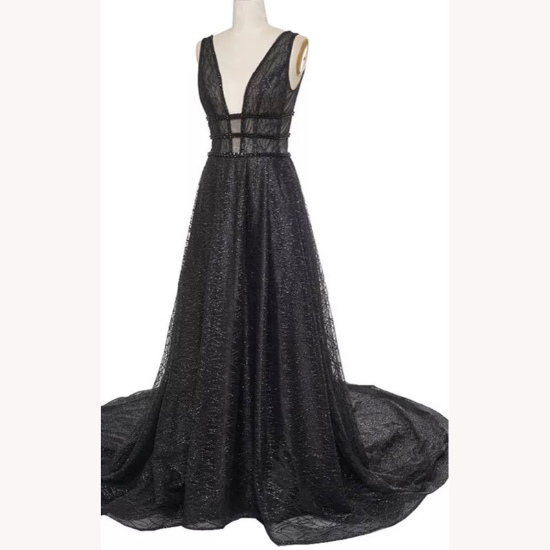 Europa y América del Comercio Exterior Amazon nuevo AliExpress deseo nuevo negro sexy con cuello en V vestido sin mangas de banquete largo image 3