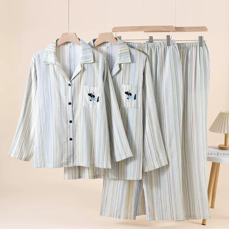 情侣纯棉经典翻领刺绣睡衣居家服纱布男士长袖长裤套装