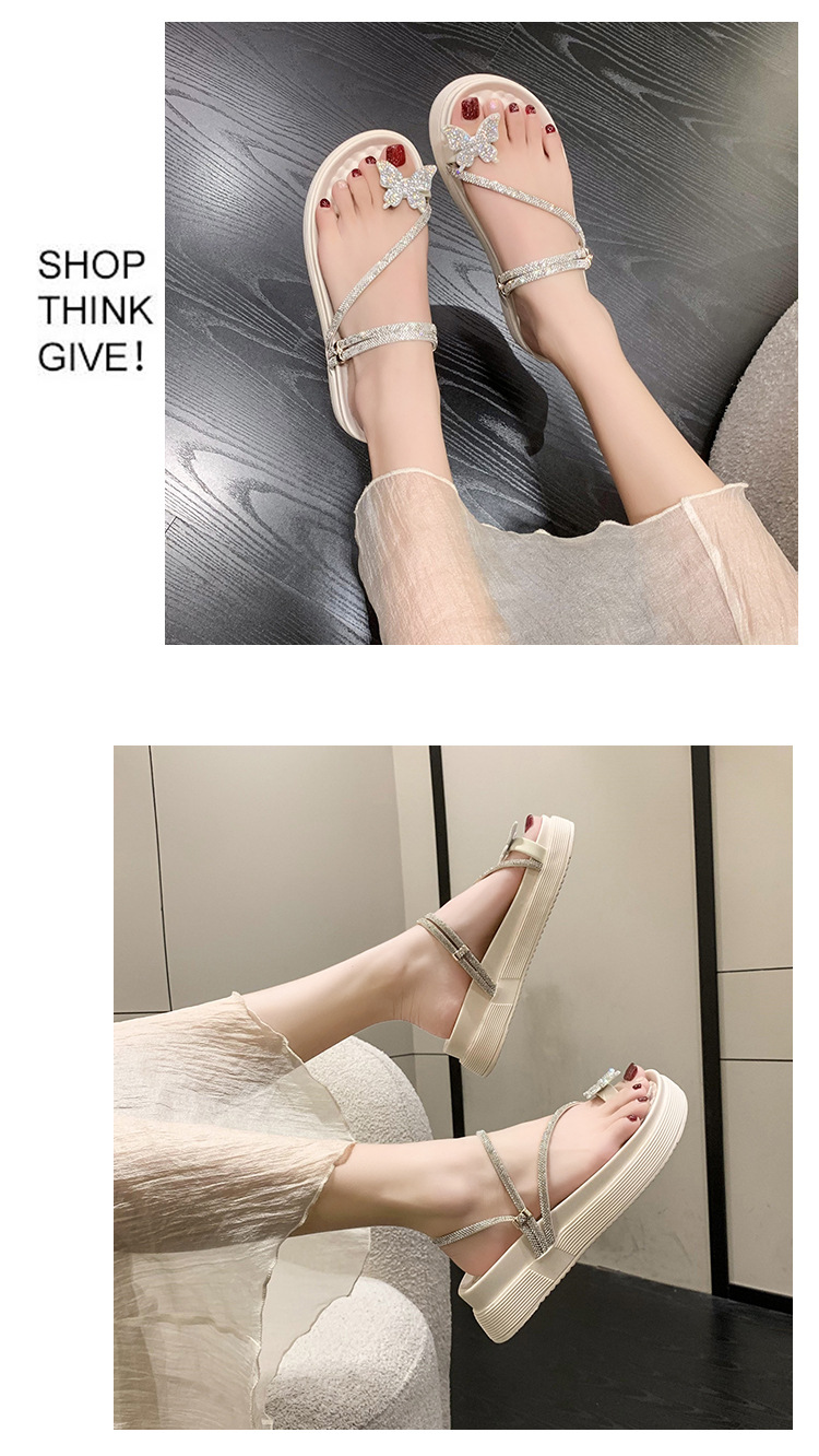 Fairy Cool for Women 2024 New Summer Water Diamond Set Beach Shoes with Pinched Toe Cake Thick Sole Herringbone Slippers_voghion.com