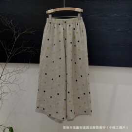 2026夏季新款亚麻彩色波点休闲裤女文艺百搭简约纯色松紧腰宽松直