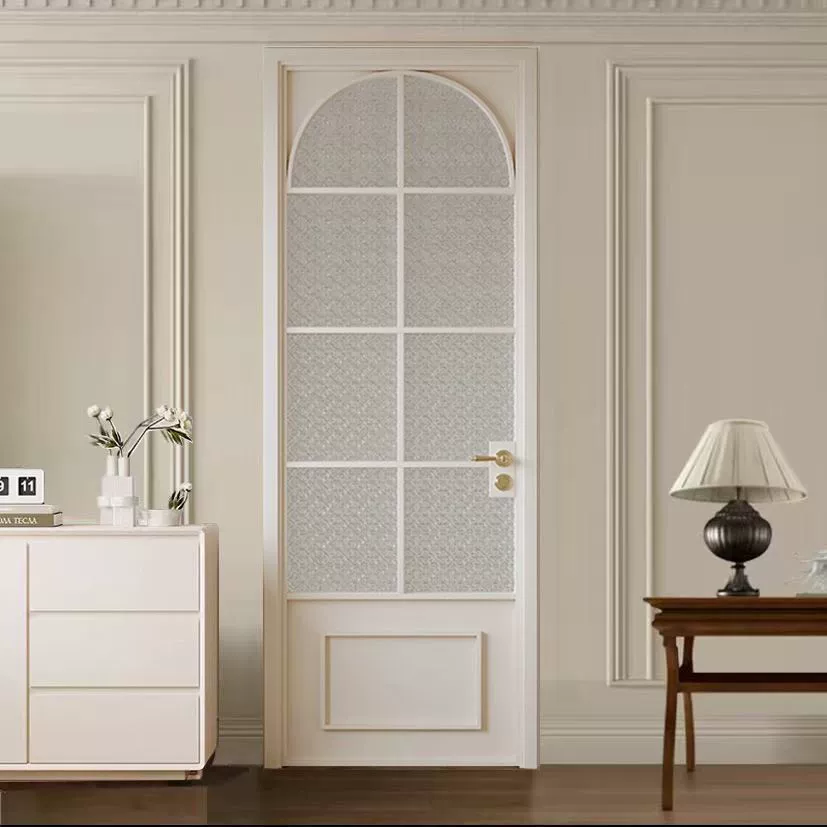 Cream style French retro swing door extremely narrow aluminum alloy bathroom door tempered glass door bathroom toilet door