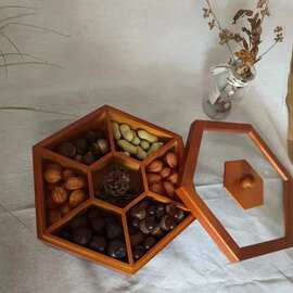 新中式木质喜庆家用干果零食分格收纳亚克力防尘木盖客厅茶几密封