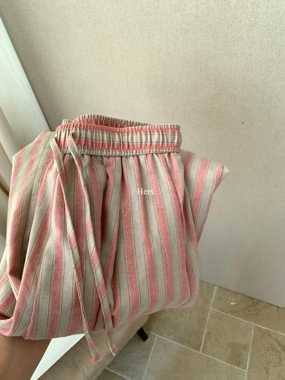 Quần culottes nữ ống rộng cạp cao sọc kẻ dáng dài suông rộng phong cách thư giãn — màu hồng chi tiết 2