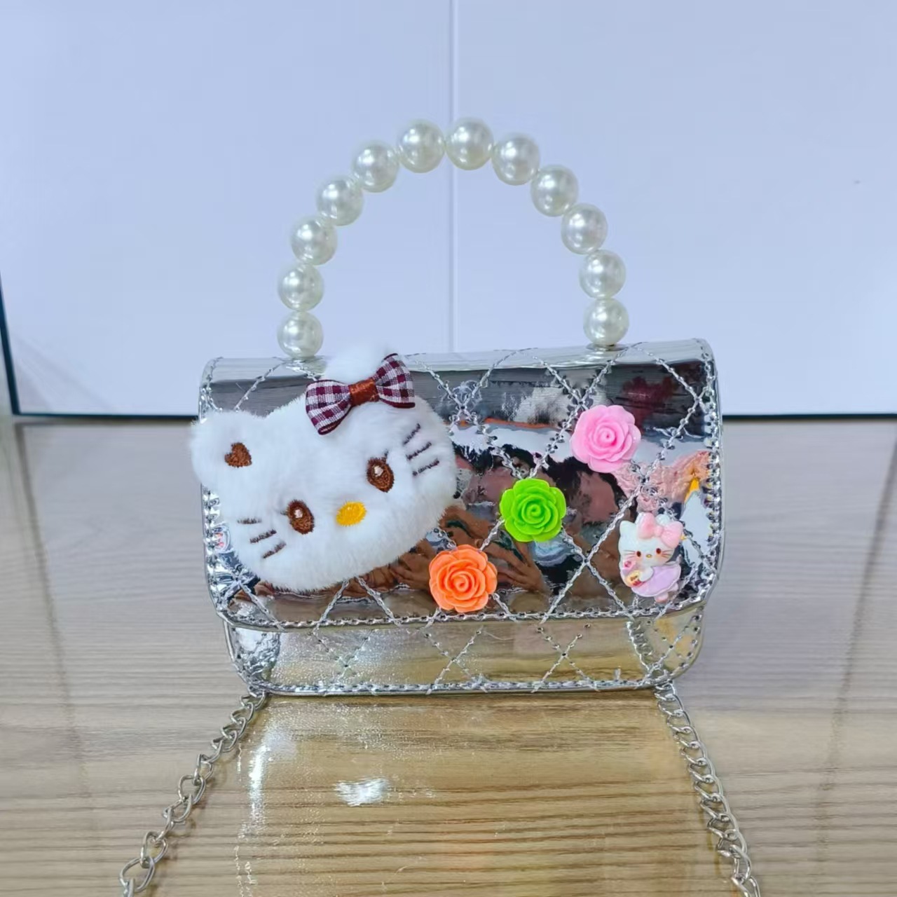 Nuevo espejo para niños, bolso de hombro de dibujos animados, bolso de mensajero para niñas, bolso de perlas, bolso de cadena lindo para niñas de celebridades de Internet