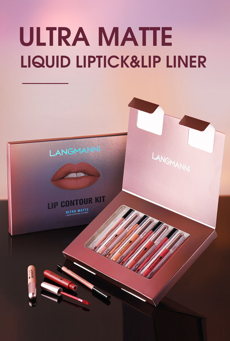 Langmanni 6+6 Matte Lip Gloss and Lip Liner Pen Set of 12 pieces Matte Lip Gloss Gift Box Set Specification drawing