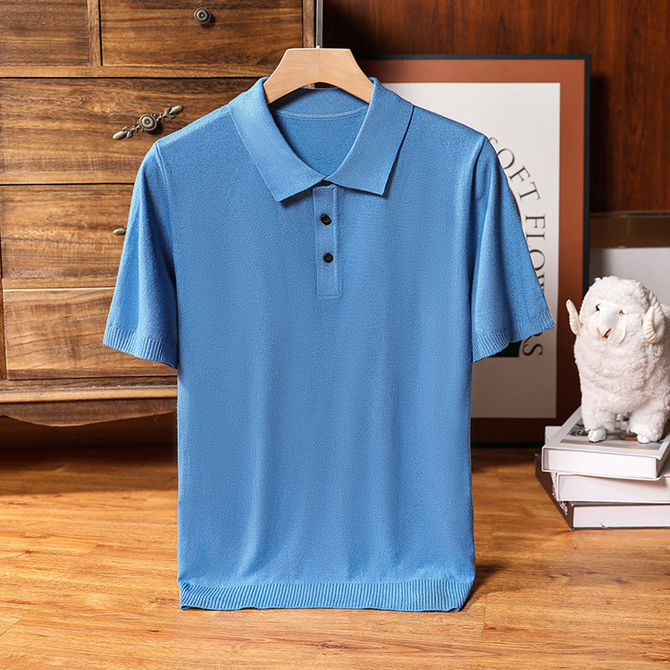 Cross-Border Men's Short-Sleeved Sweater with Lapel Knitted T-Shirt Polo Sweater Solid Color Young Men's Short-Sleeved T-Shirt Summer