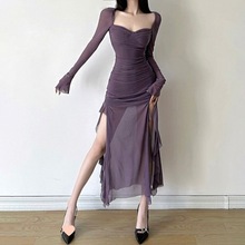 法式气质优雅香芋紫显白长袖收腰连衣裙女不规则拼接长裙设计感火