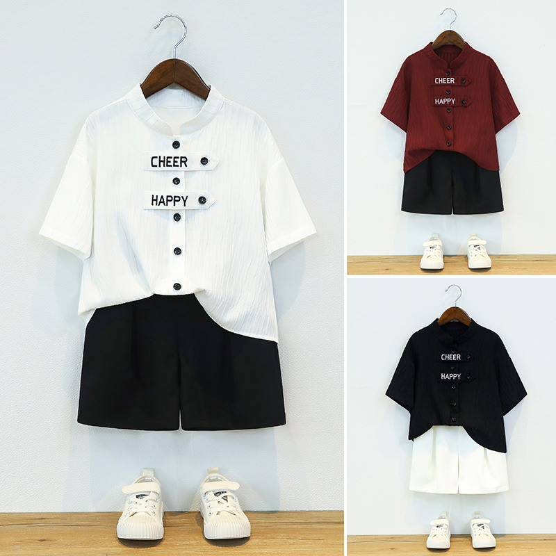 Boys' Summer Suit, Children's Cool Short-Sleeved Shirt, Medium and Large Children's Casual Vacation Light Top One-Year-Old Dress