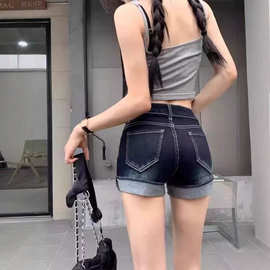 美式翻边性感牛仔短裤夏季款辣妹低腰显瘦蓝灰色弹力直筒紧身热裤