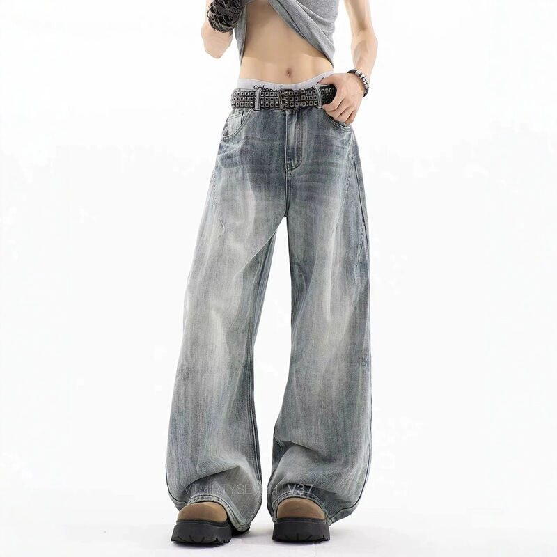 American high street washed bamboo pattern curved jeans for men and women, autumn trendy loose retro distressed silhouette casual pants American high street washed bamboo pattern curved jeans for men and women, autumn trendy loose retro distressed silhouette casual pants