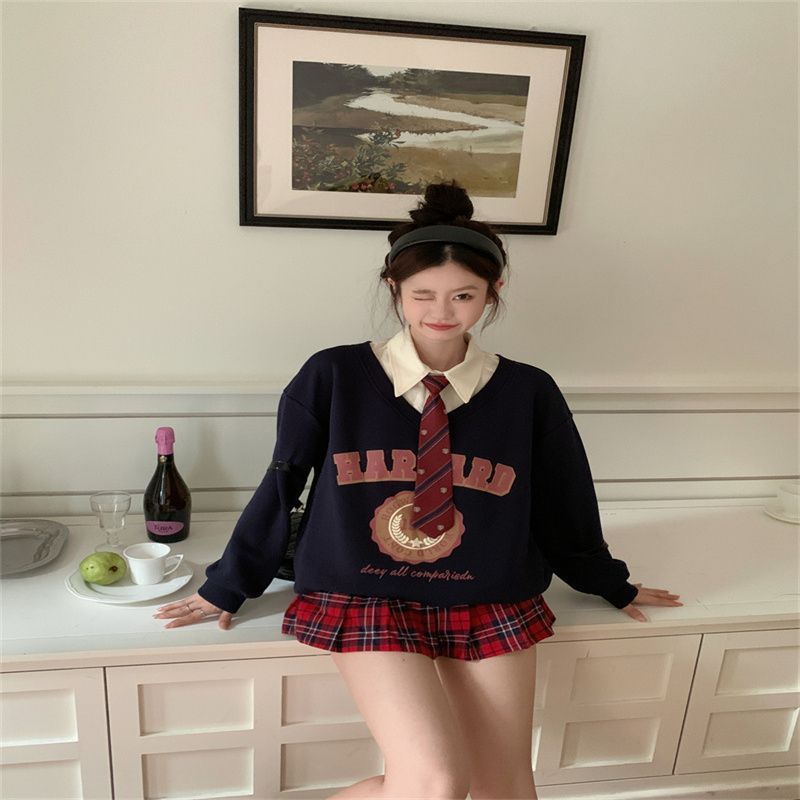 美式复古藏蓝色假两件v领无帽套头卫衣女秋冬季学院风设计感上衣|undefined