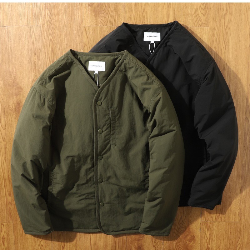 Japanese Retro Collarless Quilted Jacket Men's Windproof Workwear Layered V-Neck Snap Cotton Coat Men Japanese Retro Collarless Quilted Jacket Men's Windproof Workwear Layered V-Neck Snap Cotton Coat Men