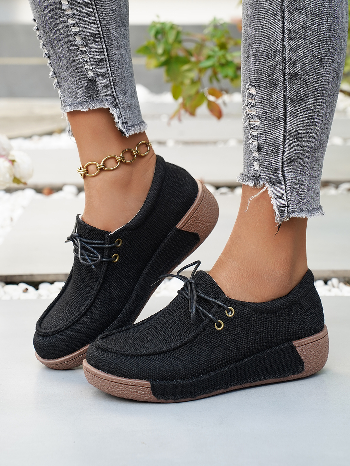 Damen Denim Schnürschuhe Mit Plateau Bequeme Freizeitschuhe_voghion.com