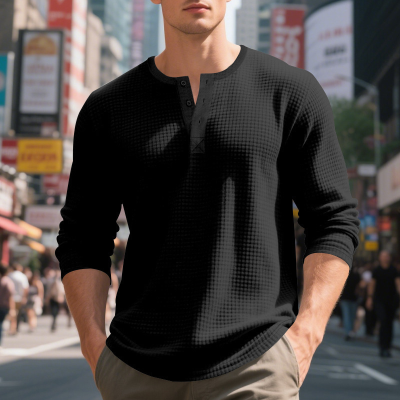 2023秋冬越境小方眼運動修身通気性メンズ長袖tシャツ欧米メンズカジュアルヘンリーシャツ|undefined