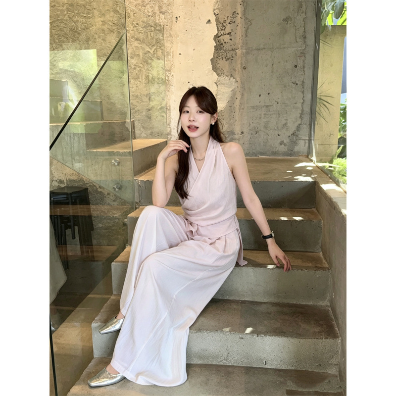 Minimalist Light-Colored Intellectual Wrap-Style Halter Neck Sleeveless Top with High-Waisted Flowing Straight-Leg Hip-Covering Wide-Leg Pants Two-Piece Set