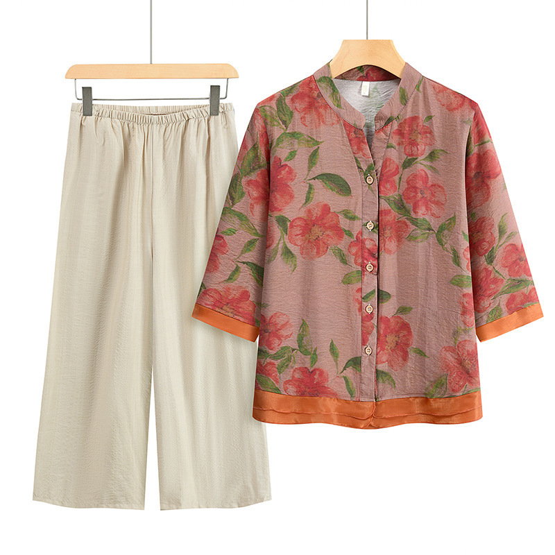 2024 Summer New Mother's Crewneck Cardigan Printed Shirt Women's Top Loose Casual Seven-sleeve Set