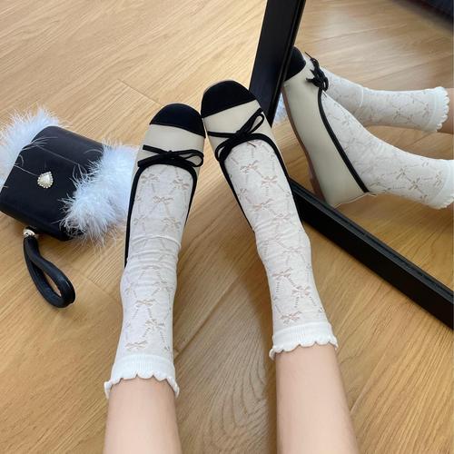 Summer Mesh Ballet Lace Hollow White Jk Socks Women's Mid-Calf Sweat Absorbent Ruffles Lace-up Mary Jane Socks 