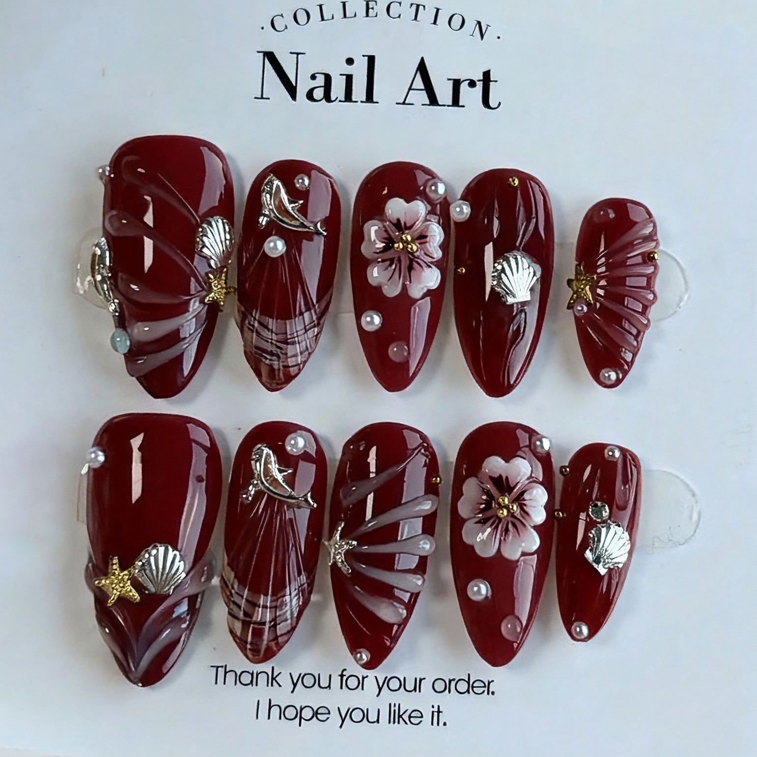30 Pieces of Cross-Border Almond Wine Red Wearable Nails Handmade 3D Stereo Cute Flower Manicure Dot Diamond Starfish Shell Nails
