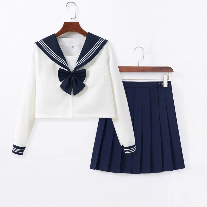 Japanese Basic Jk Uniform with Navy Collar, White Three-Piece Sailor Suit, Orthodox Set, College Style Pleated Skirt Jk Uniform