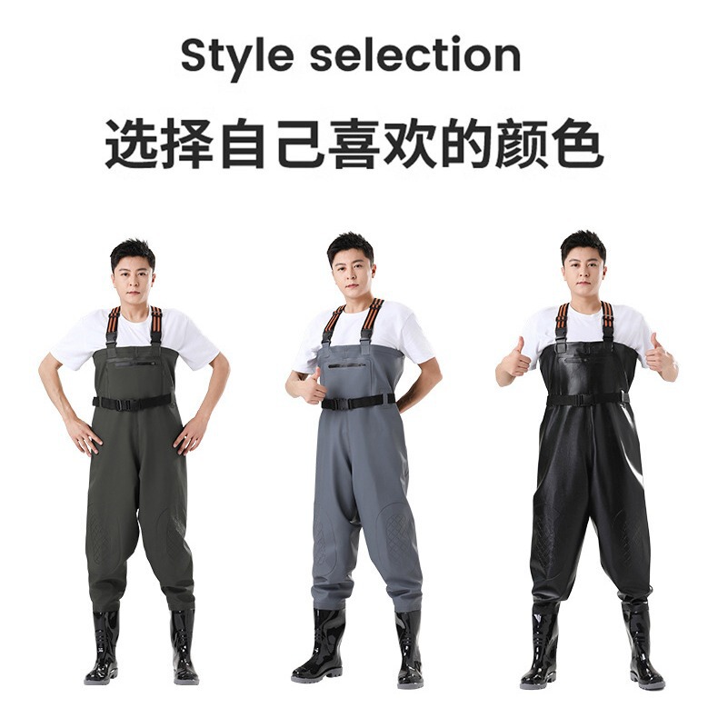 Water Pants Half-length Waterproof Clothes Rain Pants with Rain Shoes One-piece Leather Fork Pants for Catching Fish All-body Men's One-piece Reservoir Water Shoes