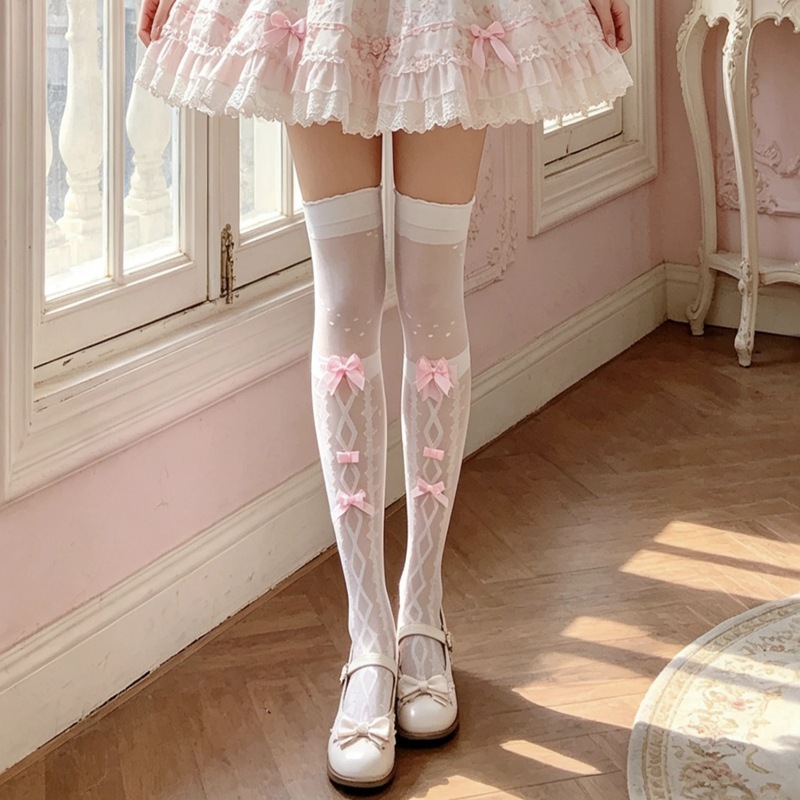 {Blossoming Knot} Lolita Sweet Bow Cross Print Lolita Over-the-Knee White Stockings for Women