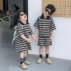 兄妹裝2024韓版夏季黑灰條紋polo領女連衣裙男童短袖短褲套裝姐弟