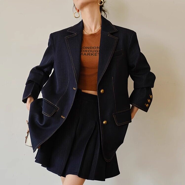 Retro Contrasting Color Faux Denim Blazer for Women, Stylish Casual Suit with Pleated Skirt Set