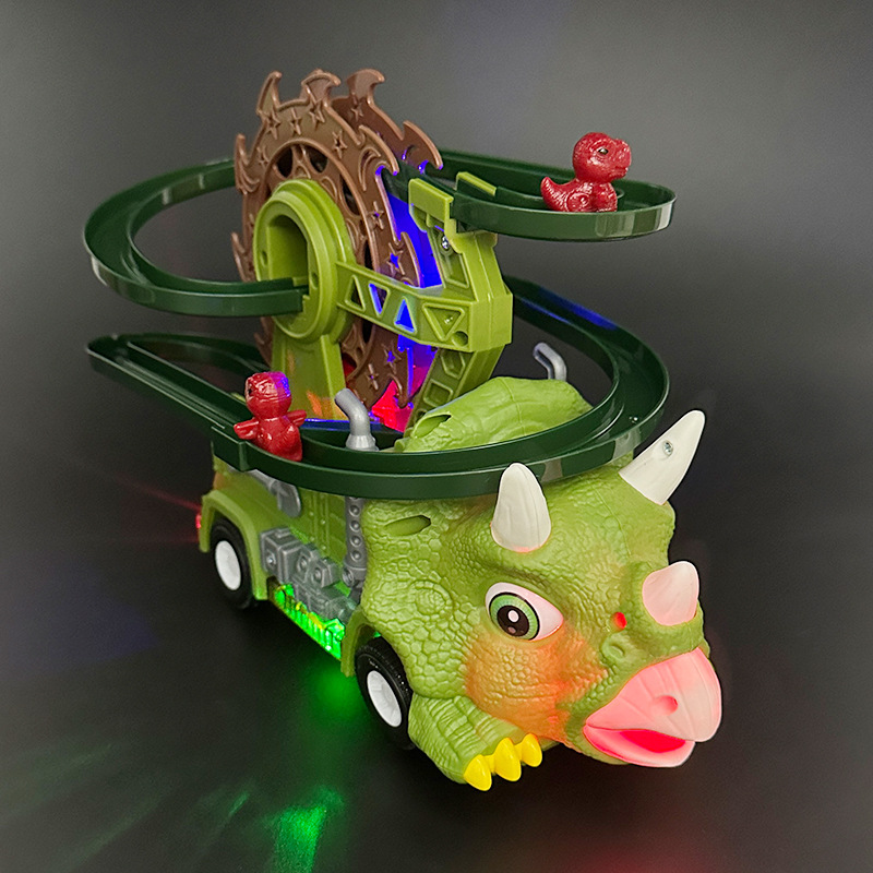 Niños transfronterizos escaleras dinosaurios pista juguete coche triceratorio deslizante coche giratorio universal juguetes eléctricos al por mayor