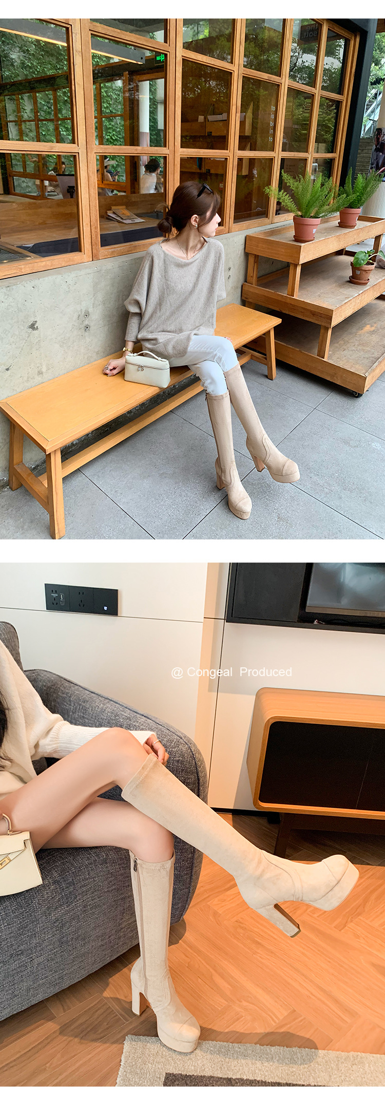 Boot nữ cổ cao ôm bắp chân gót 11cm đế platform mũi tròn — Quả mơ ống nhỏ đơn li, Lớp lót nhung lớn màu đen, Lớp lót nhung ống nhỏ màu mơ, Ống nhỏ màu đen đơn li chi tiết 8