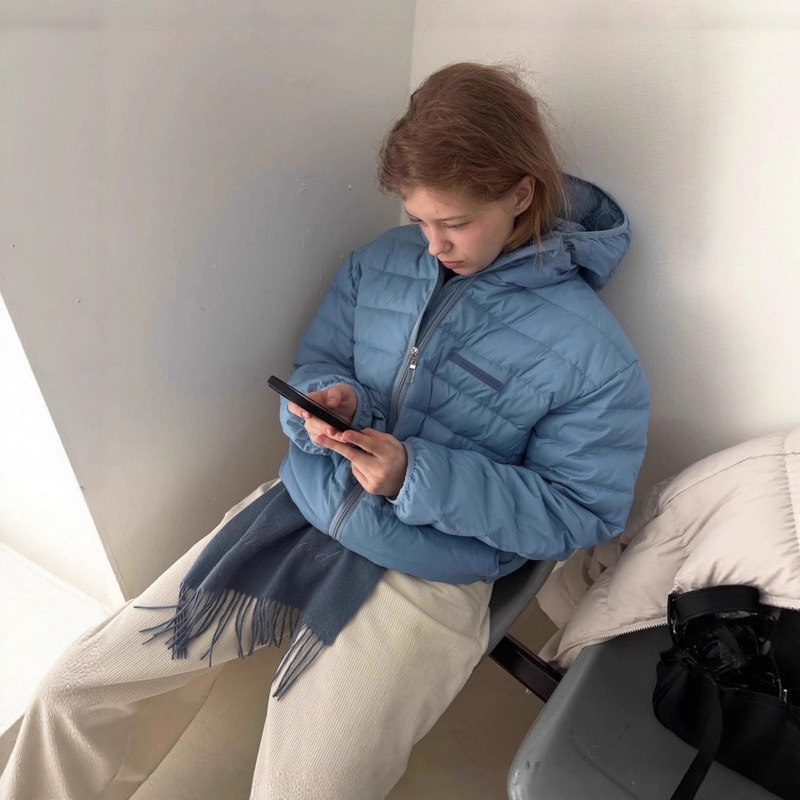 25 in Stock, Korean Dongdaemun Style, New Smoothmo*D Goose down 90 Short Zipper Lightweight Hooded Ribbed down Jacket