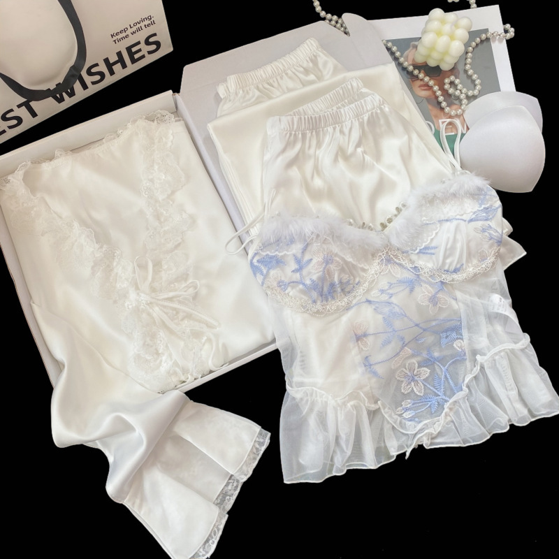 Ice Silk Pajamas for Women, Summer, with Breast Pads, Sexy Suspenders, Four-Piece Set, Designer Style, Fairy Style, Feather Loungewear, Long Sleeves