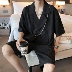 夏大きいサイズ 150kg センスヤッピーハンサムルーズカジュアルスーツメンズショートパンツシャツ 2 点セットイントレンド