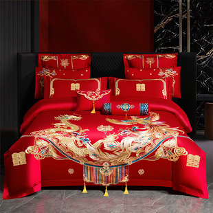 Long-Staple Cotton Embroidered Four-Piece Set Festive Dragon and Phoenix Pure Cotton Wedding Newlywed Red Quilt Cover New Chinese Style