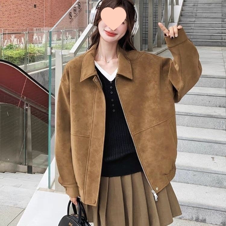 咖色美拉德麂皮绒外套女2025秋季新款小个子美式复古拉链翻领夹克|undefined