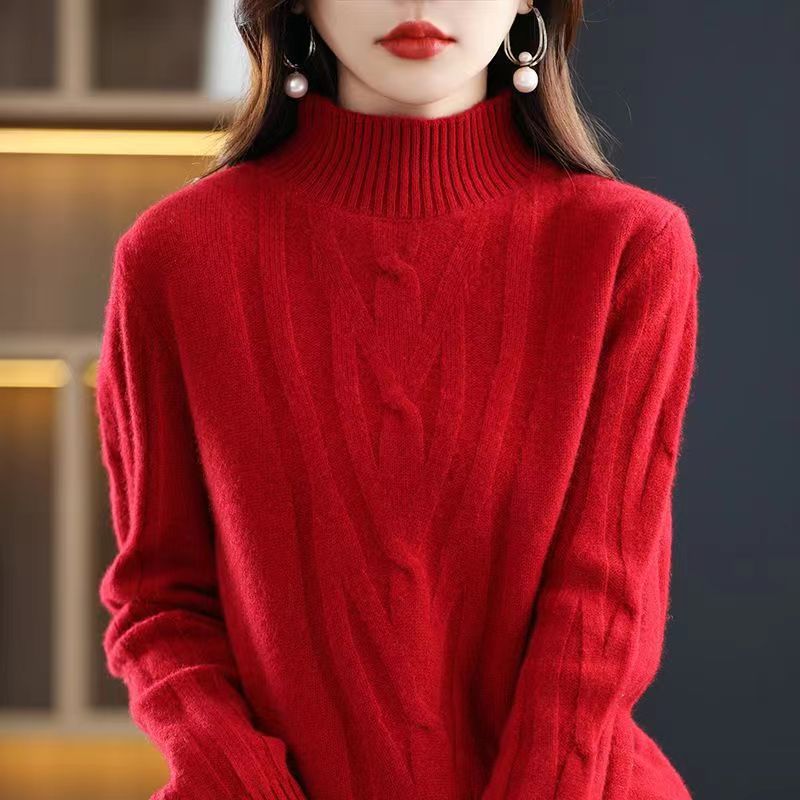 2024 otoño y invierno nuevo cómodo casual camiseta de punto de cuello medio alto de mujer torsión fondo suéter de punto suelto al por mayor