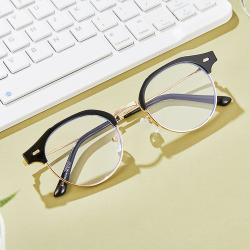 Trendy TR-frame glasses, vintage metal small frame, anti-blue light plain lenses, with millet-nail decorations—can be customized to fit myopia glasses frames.