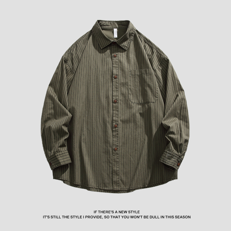 2025春秋新作 純綿ウォッシュドストライプシャツ メンズ ゆったりカジュアル長袖シャツ 工場直販