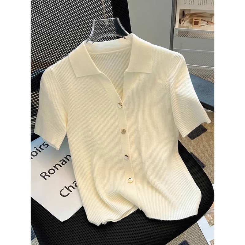 Polo Collar Niche Knitted Short-Sleeved T-Shirt for Women 2026 Summer Thin Shirt Versatile Cardigan White Top A3522