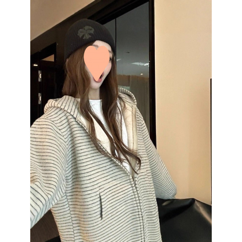 高级感条纹连帽休闲宽松美式卫衣女2025秋季新款别致上衣|undefined