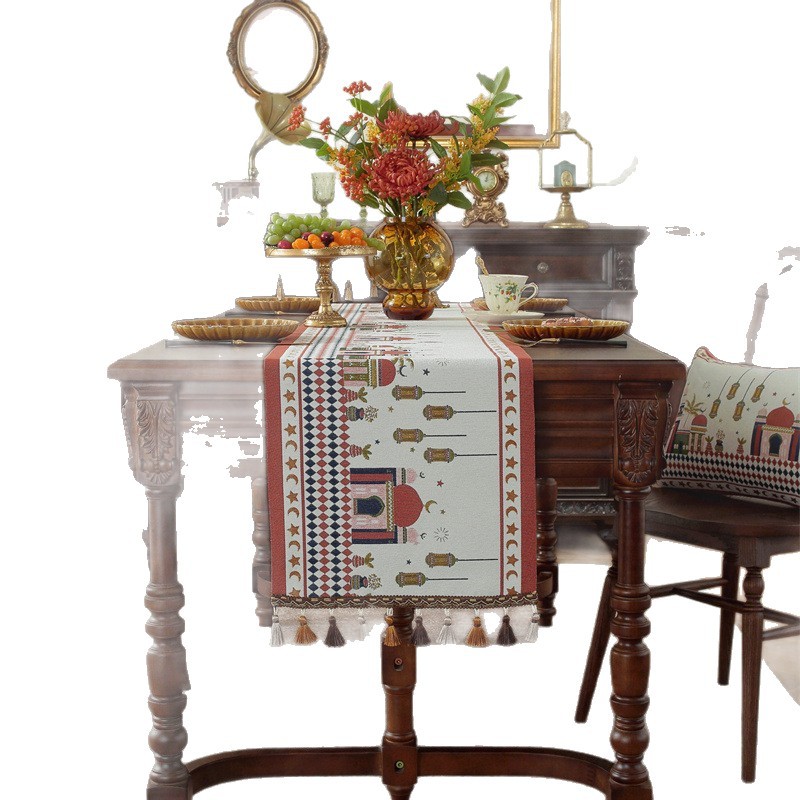 Grenzüberschreitende Tischdecke aus Polyester mit farbig gewebtem Jacquardmuster zum Mondfest im Nahen Osten, Sternen-, Kamel- und Burgmotiven sowie Quasten._voghion.com
