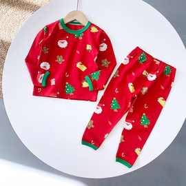 德绒套装儿童圣诞节表演服红色过年服男童女童保暖秋衣秋裤时尚潮
