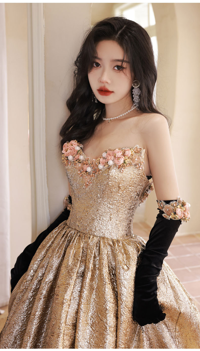 Đầm dạ hội ôm body dáng dài, thiết kế cổ V sâu, tay sát nách, phong cách vintage — Vàng Qidi (không bao gồm găng tay), Màu vàng cộng với găng tay chi tiết 12