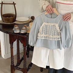 棉多米童裝2024春秋棉布襯衫蕾絲吊帶可脫卸套裝韓國童裝長袖上衣