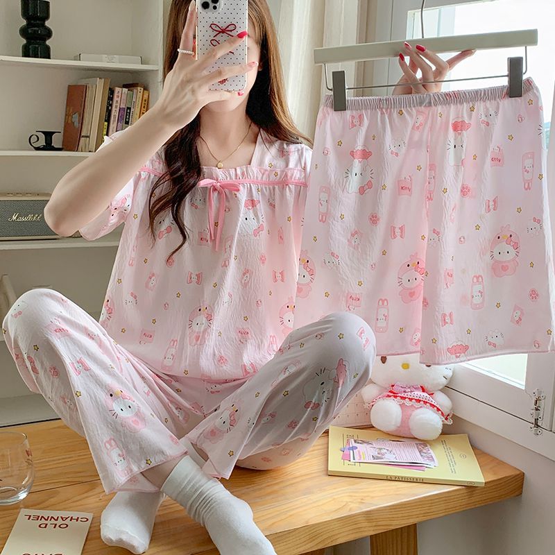 Hellokitty verano nuevo estilo doble pantalones cortos pijamas de tres piezas nube mujer algodón transpirable cuello cuadrado dulce y fresco